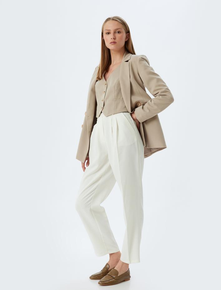  Pile Detaylı Cepli Yüksek Bel Havuç Kesim Modal Kumaş Pantolon