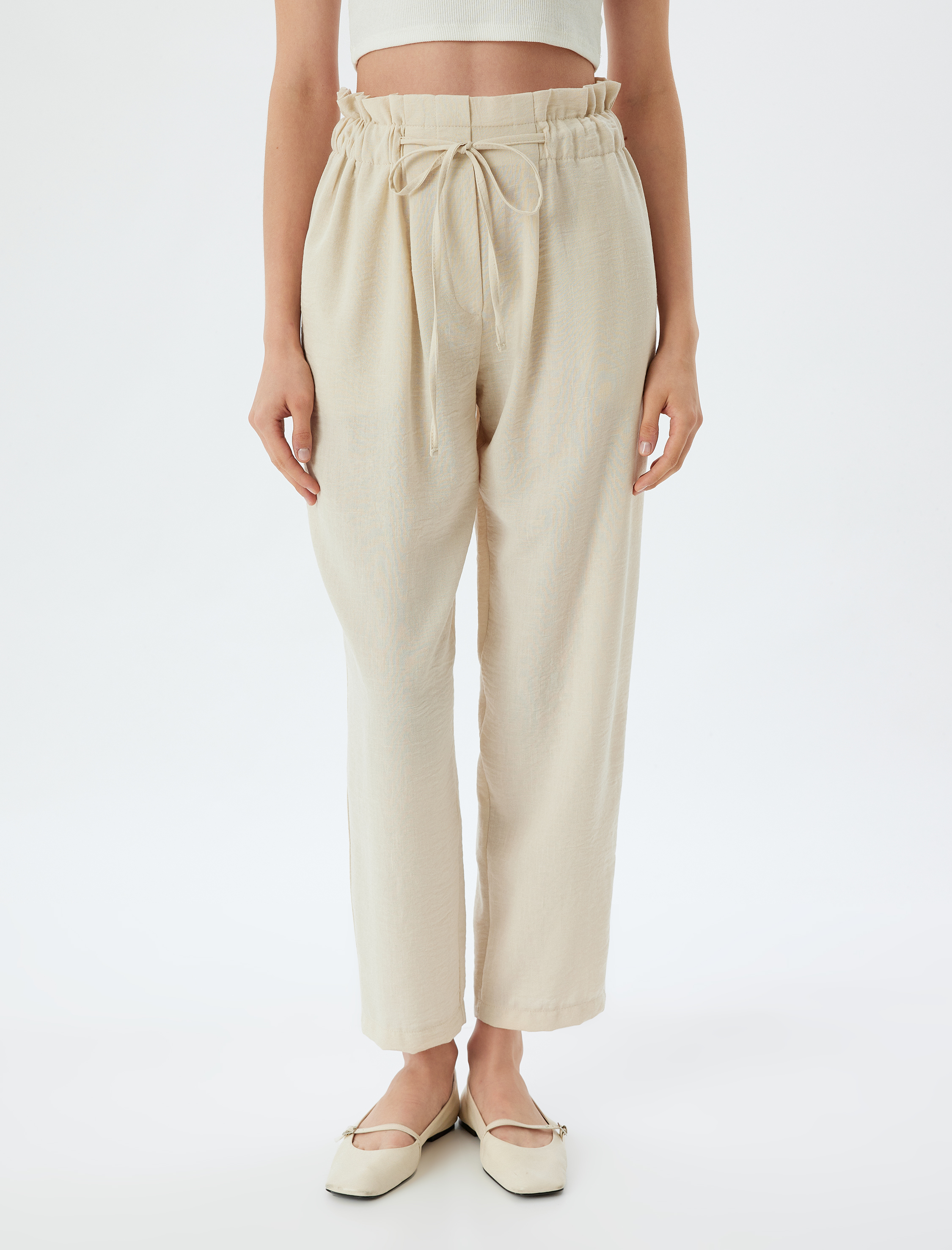   Bol Paça Pantolon Beli Lastikli Bağlamalı Cepli