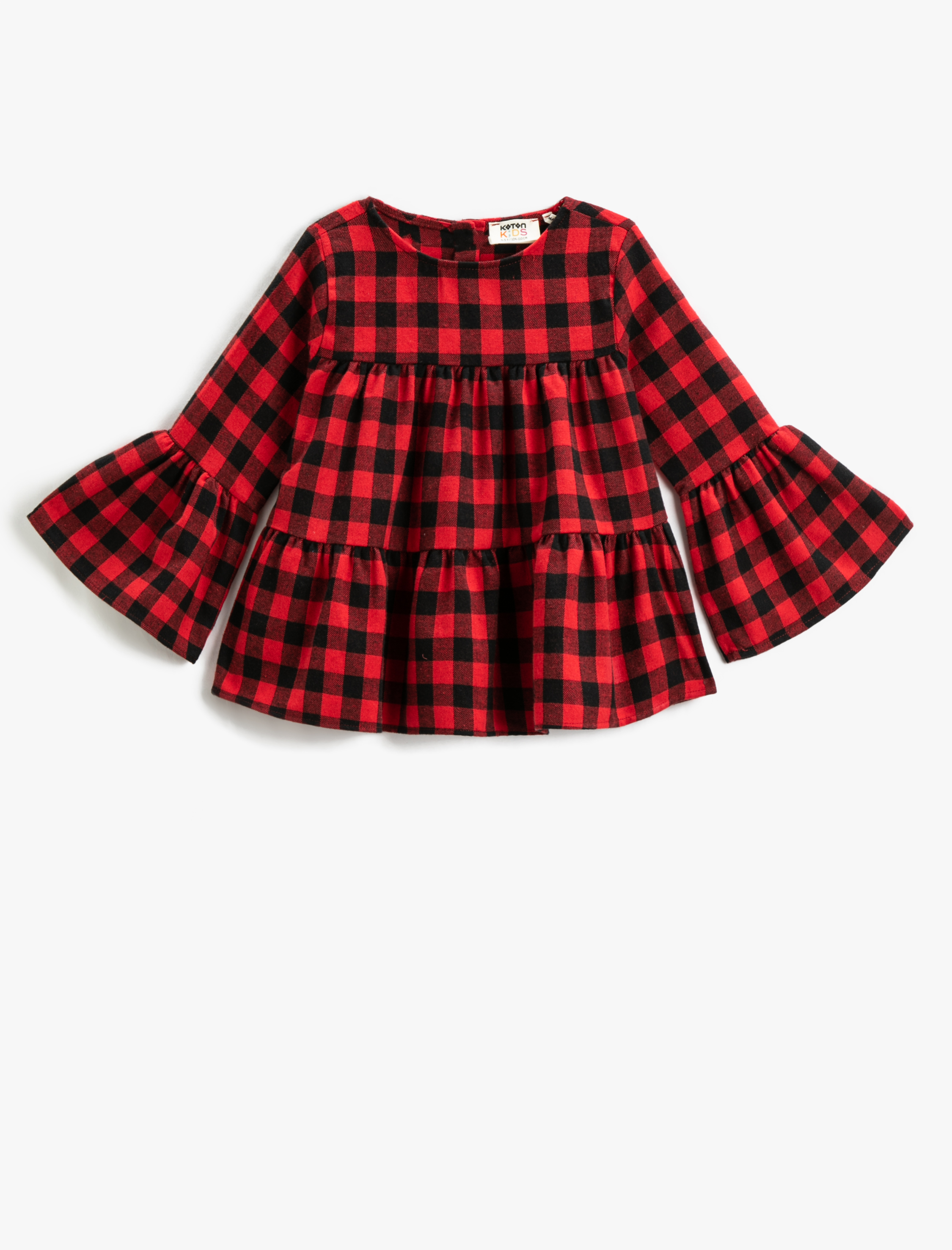  Kız Çocuk Geniş Uzun Kollu Ekose Bluz Bisiklet Yaka