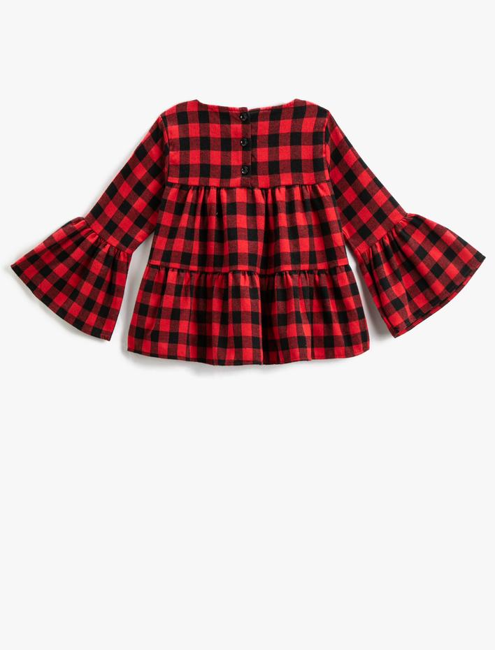 Kız Çocuk Geniş Uzun Kollu Ekose Bluz Bisiklet Yaka