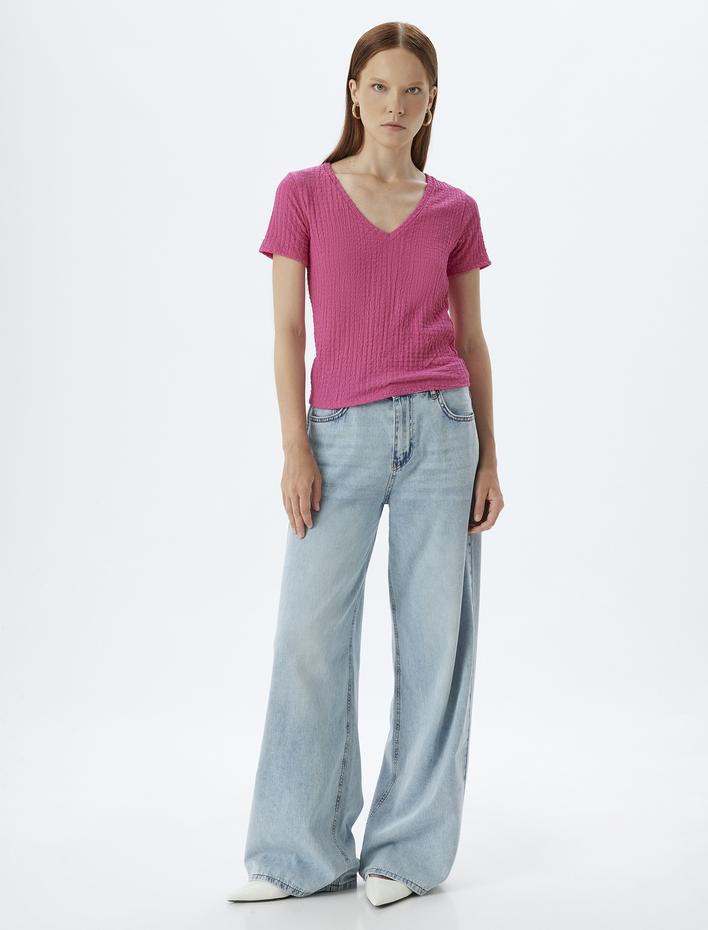  Kısa Kollu Tişört V Yaka Bürümcük