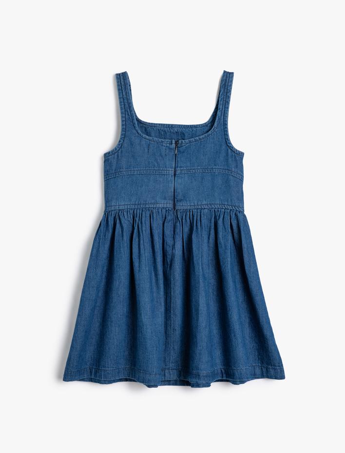 Kız Çocuk Askılı Kot Elbise Dikiş Detaylı Kare Yaka Pamuklu