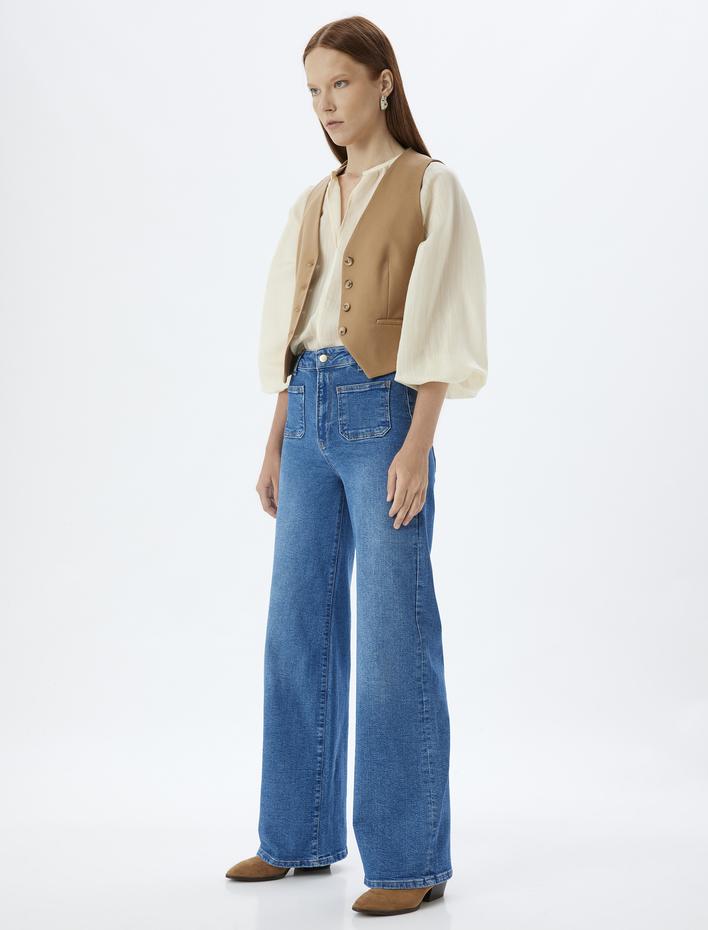  Geniş Paça Kot Pantolon Yüksek Bel Cep Detaylı Düğmeli Jean