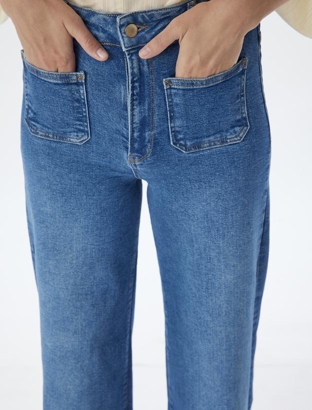 Geniş Paça Kot Pantolon Yüksek Bel Cep Detaylı Düğmeli -  Wide Leg Jean_4