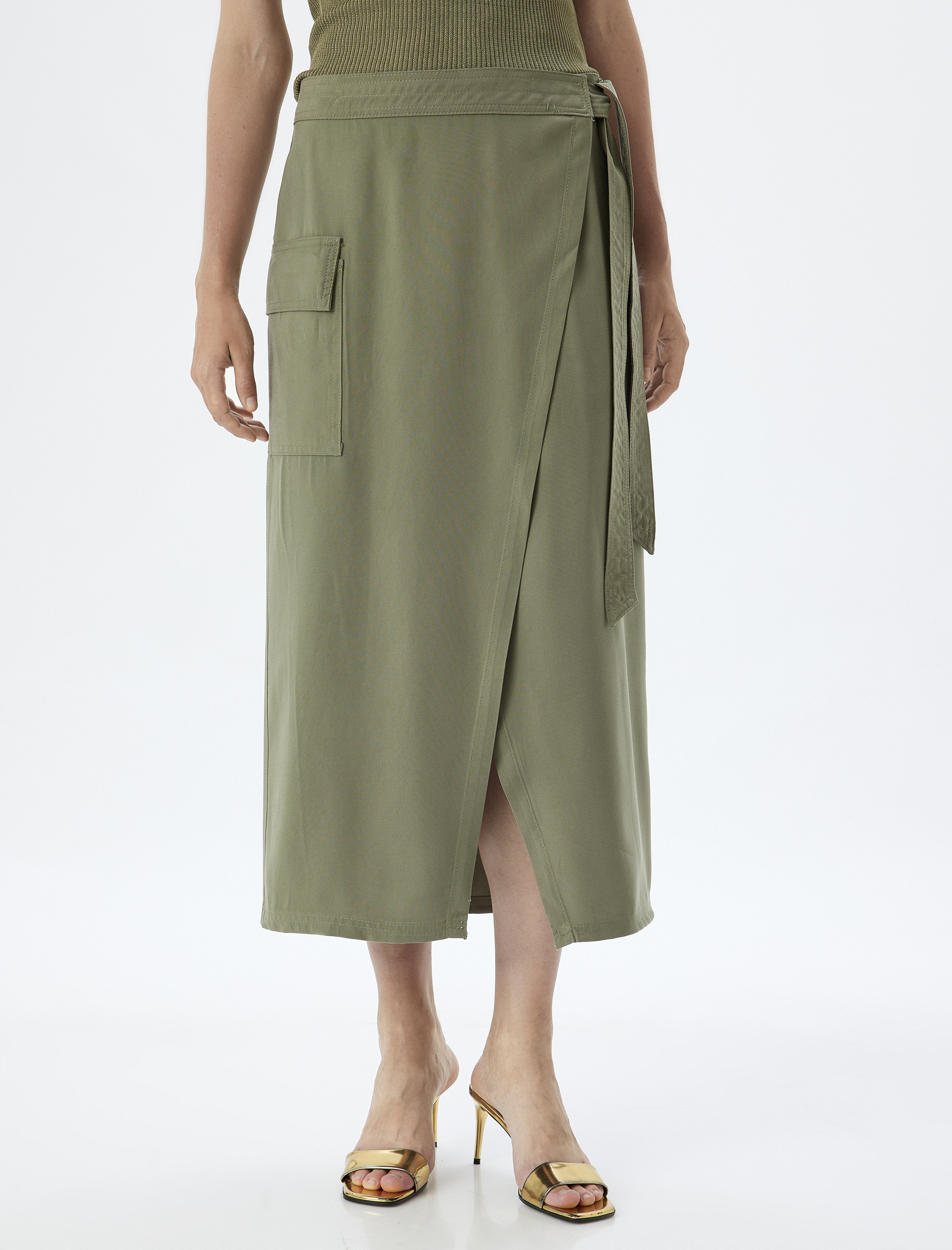   Modal Kruvaze Etek Yandan Bağlamalı Yüksek Bel Midi Boy