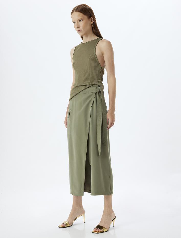  Modal Kruvaze Etek Yandan Bağlamalı Yüksek Bel Midi Boy