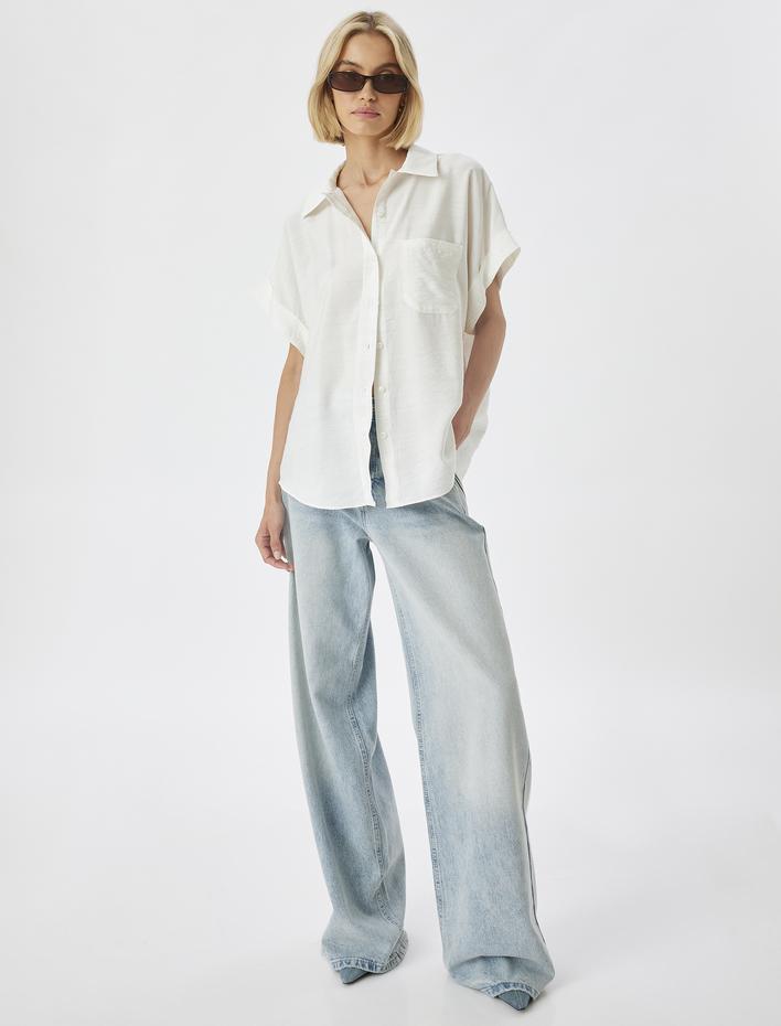  Kısa Kollu Gömlek Viskon Cepli Kalça Boy