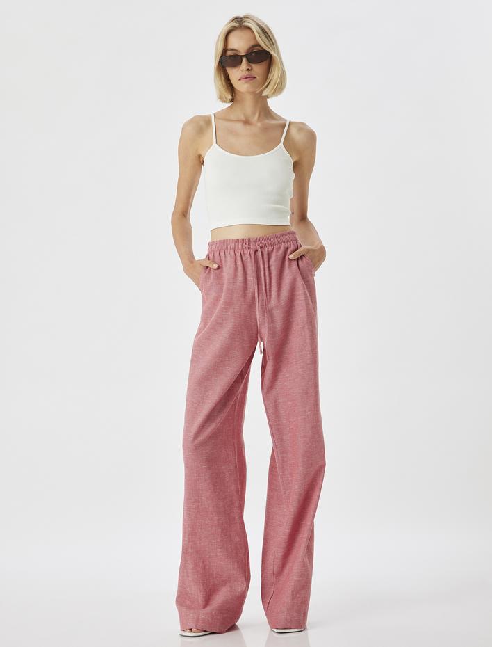  Keten Karışımlı Bol Paça Pantolon Yüksek Bel Cepli Beli Bağlamalı