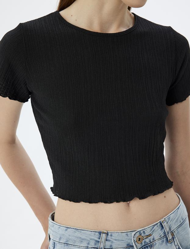 Basic Crop Tişört Kısa Kollu Bisiklet Yaka Slim Fit_4