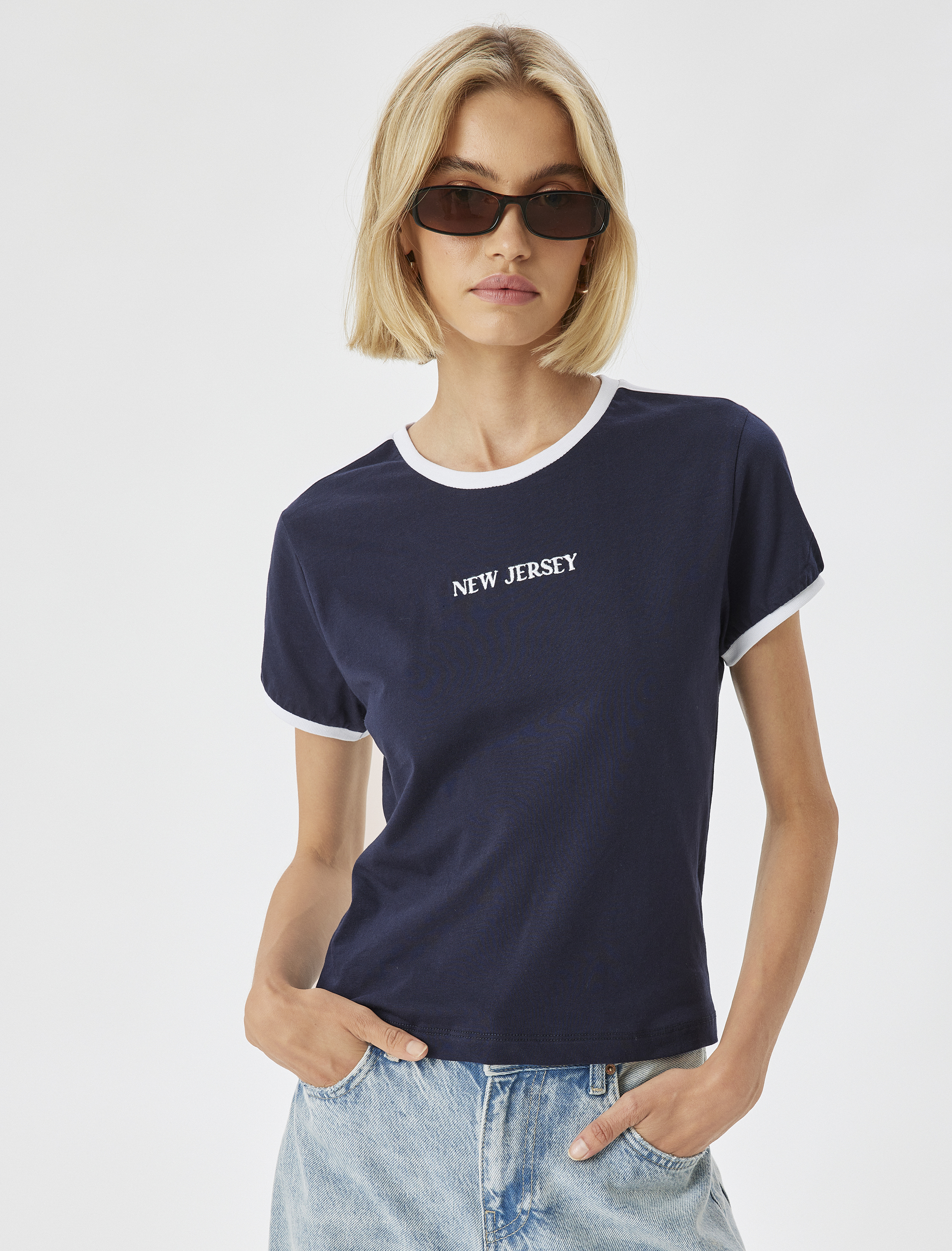   Baskılı Tişört Biyeli Kısa Kollu Bisiklet Yaka Pamuklu