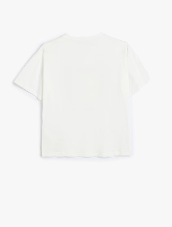 Kız Çocuk Kedi Baskılı Bisiklet Yaka Pamuklu Kısa Kollu Tişört