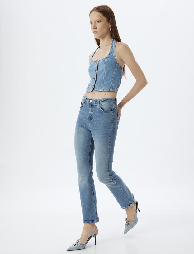 İspanyol Paça Kot Pantolon Skinny Fit Düğmeli Pamuklu - Kick Flare Jean_0