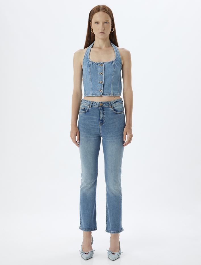  İspanyol Paça Denim Pantolon Düğmeli Pamuklu - Flare Jean