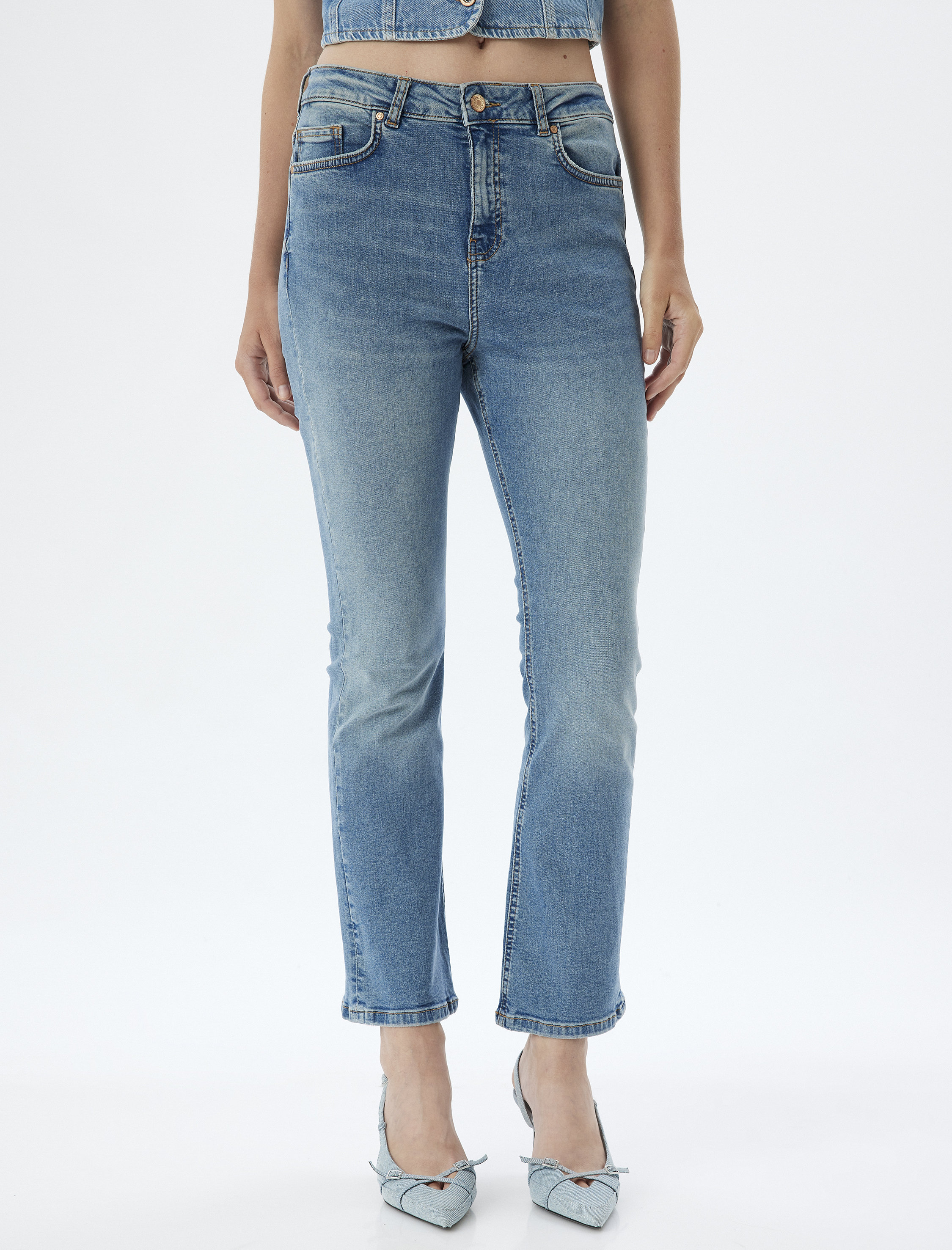   İspanyol Paça Denim Pantolon Düğmeli Pamuklu - Flare Jean