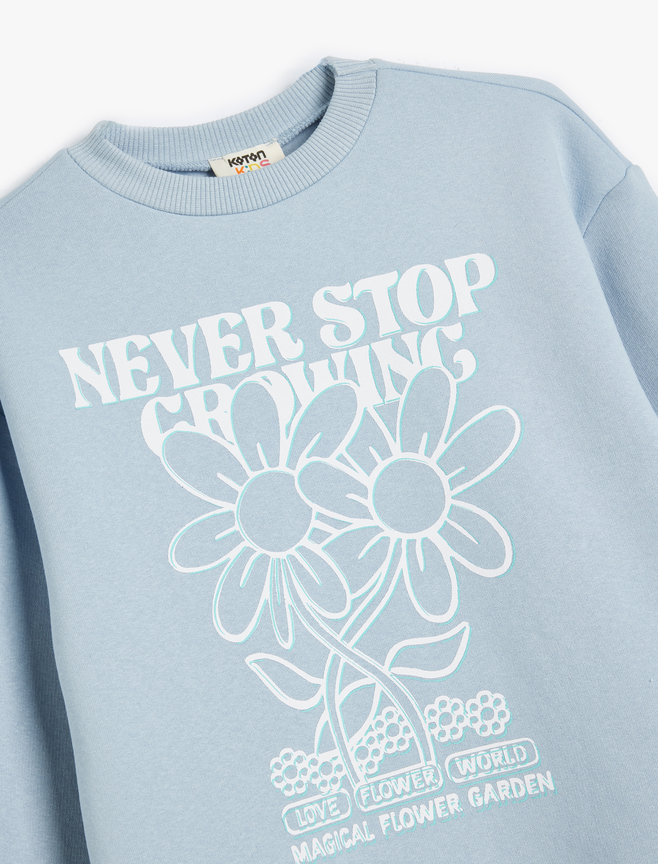  Kız Çocuk Sweatshirt Çiçek Baskılı Uzun Kollu Bisiklet Yaka Şardonlu