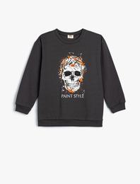 Sweatshirt Kuru Kafa Baskılı Uzun Kollu Bisiklet Yaka