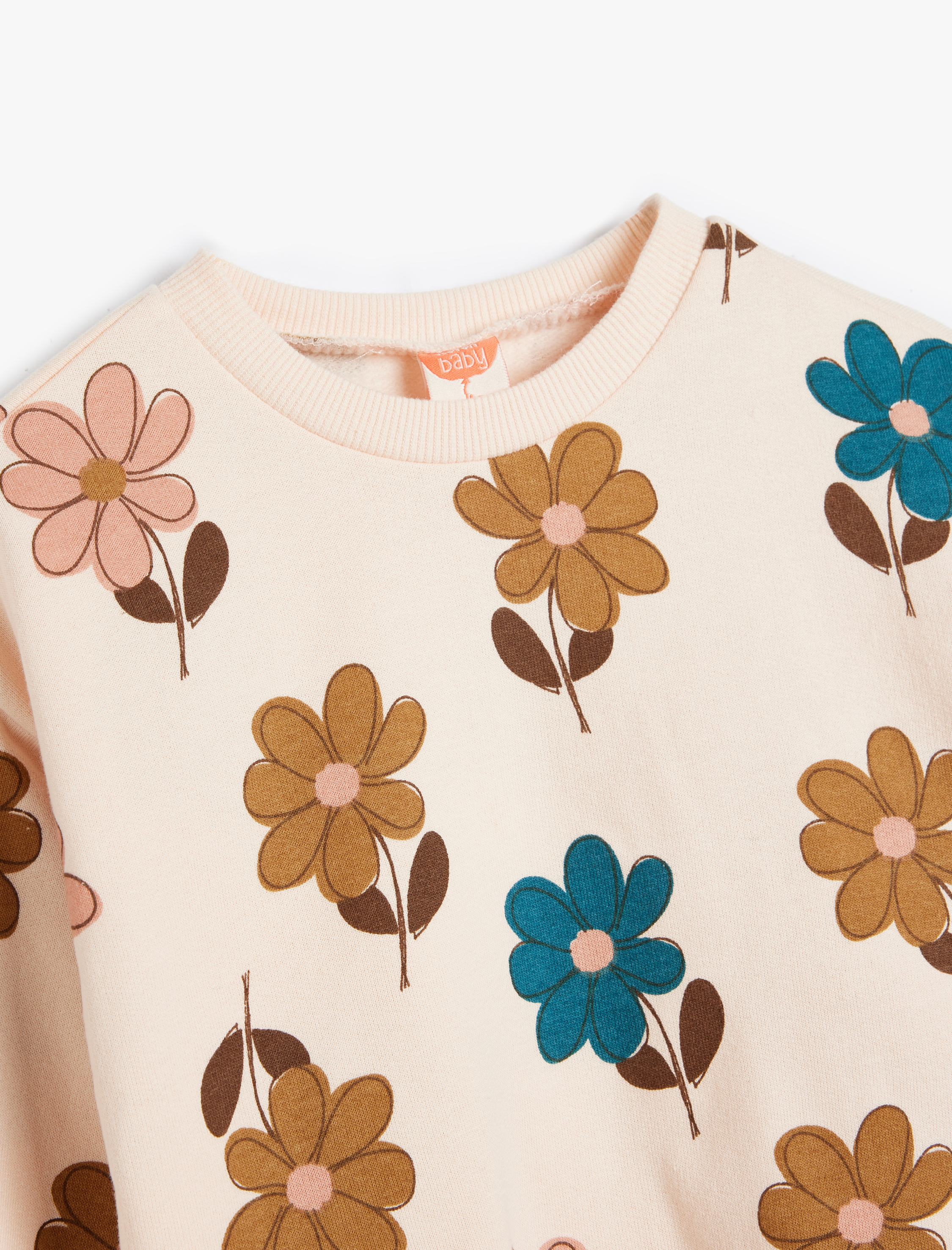  Kız Bebek Sweatshirt Çiçek Baskılı Uzun Kollu Bisiklet Yaka Pamuklu Şardonlu