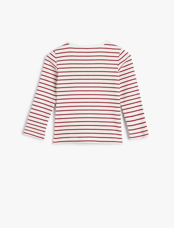 Kız Bebek Çizgili Tişört Uzun Kollu Yuvarlak Yaka Ribanalı