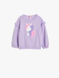 Sweatshirt Unicorn Aplikeli Fırfır Detaylı Pamuklu Şardonlu