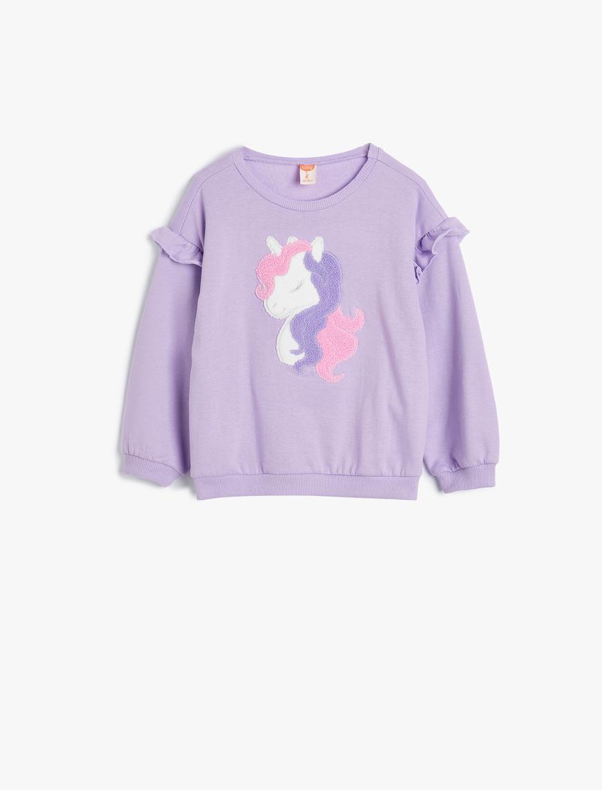  Kız Bebek Sweatshirt Unicorn Aplikeli Fırfır Detaylı Pamuklu Şardonlu