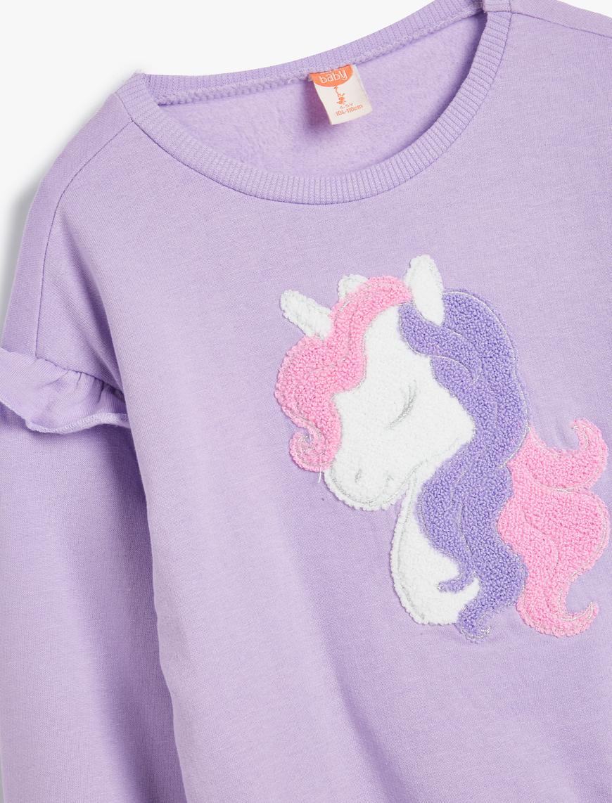  Kız Bebek Sweatshirt Unicorn Aplikeli Fırfır Detaylı Pamuklu Şardonlu