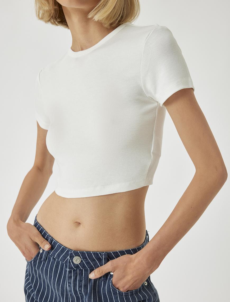   Viskon Kumaş Kısa Kollu Bisiklet Yaka Slim Fit Crop Body