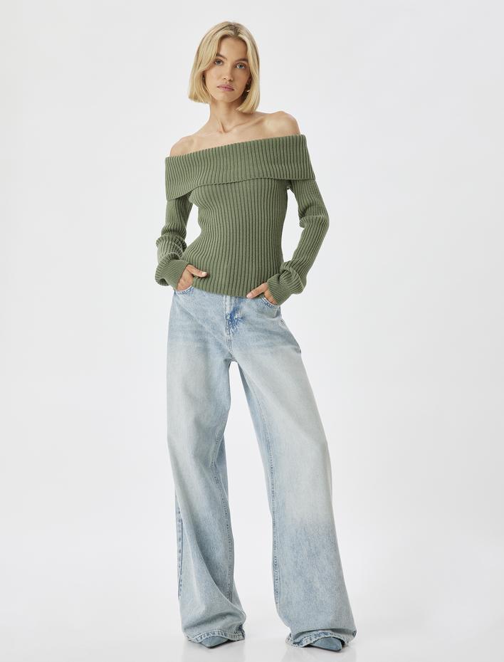  Omzu Açık Triko Kazak Uzun Kollu