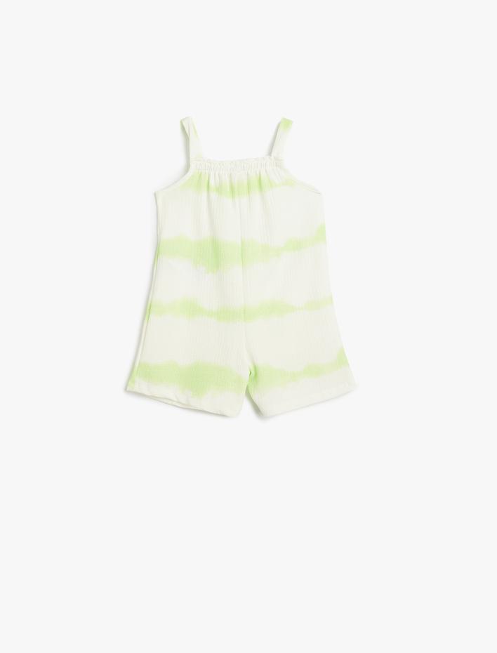 Kız Bebek Askılı Tulum Batik Desenli Yuvarlak Yaka Cep Detaylı