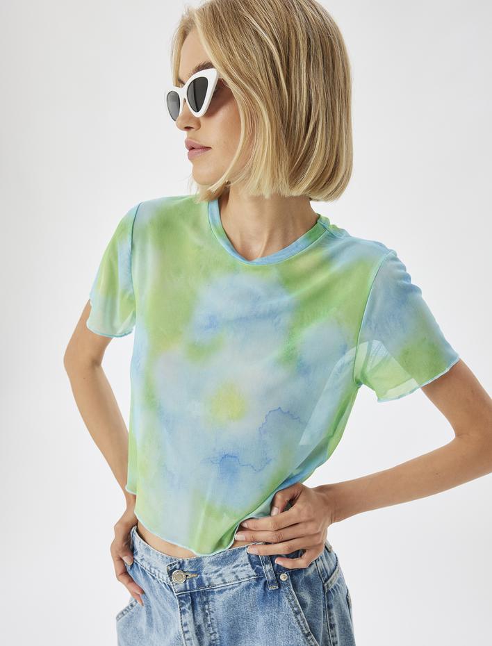  Batik Desenli Tişört Kısa Kollu Bisiklet Yaka