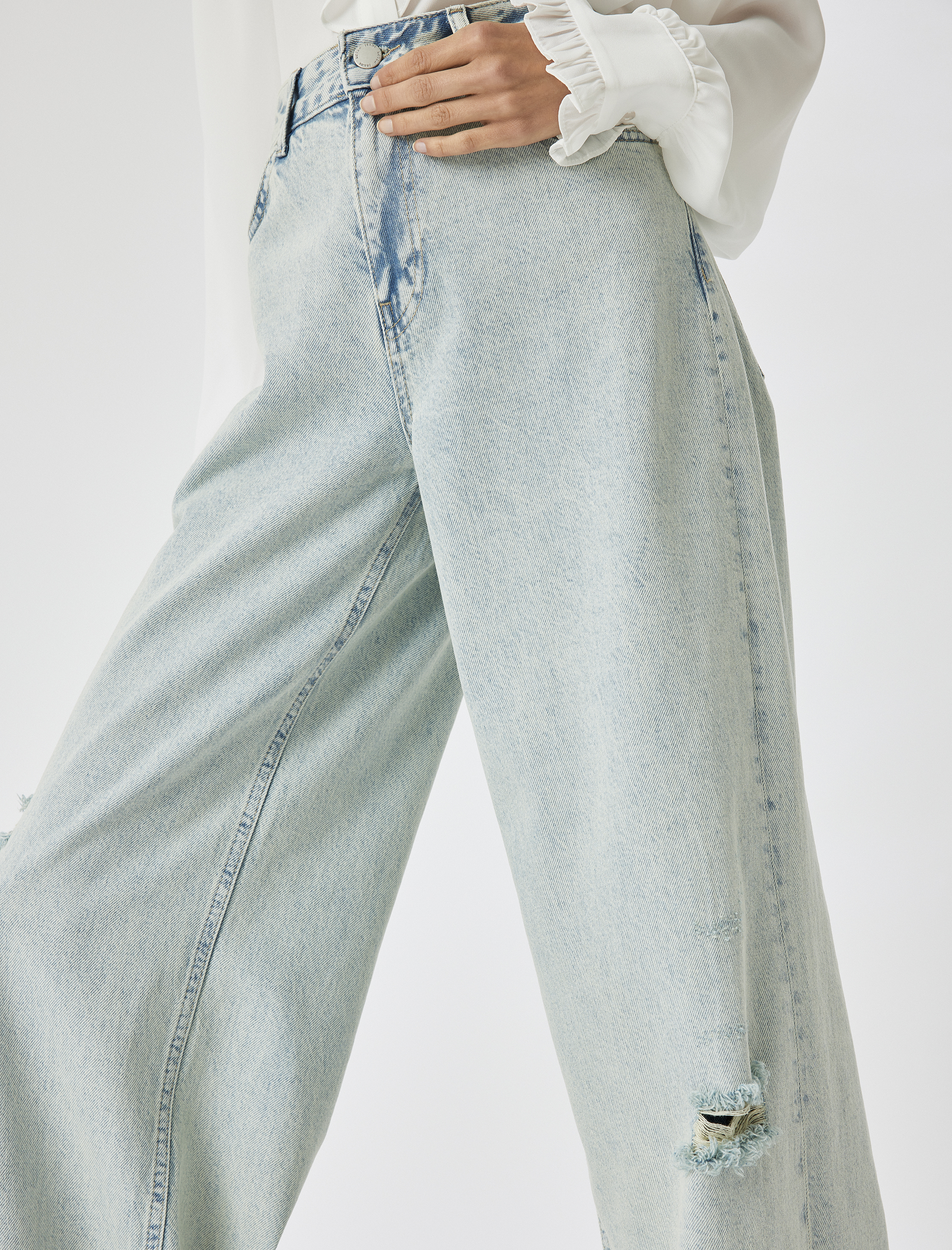   Yırtık Kot Pantolon Düşük Bel Düğmeli Bol Paça Pamuklu - Loose Straight Fit Jean