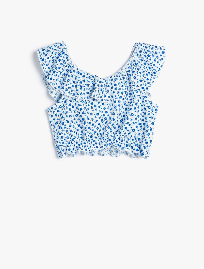 Kız Çocuk Crop Bluz Düşük Omuz Fırfırlı Çiçek Desenli
