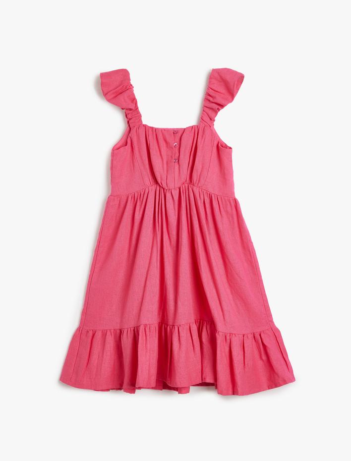 Kız Çocuk Keten Elbise Askılı Fırfırlı Pencere Detaylı Kare Yaka