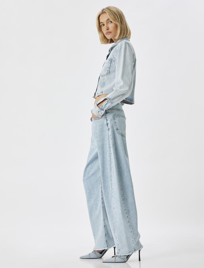  Yüksek Bel Kesik Paça Düğmeli Kot Pantolon - Balon Fit Jean