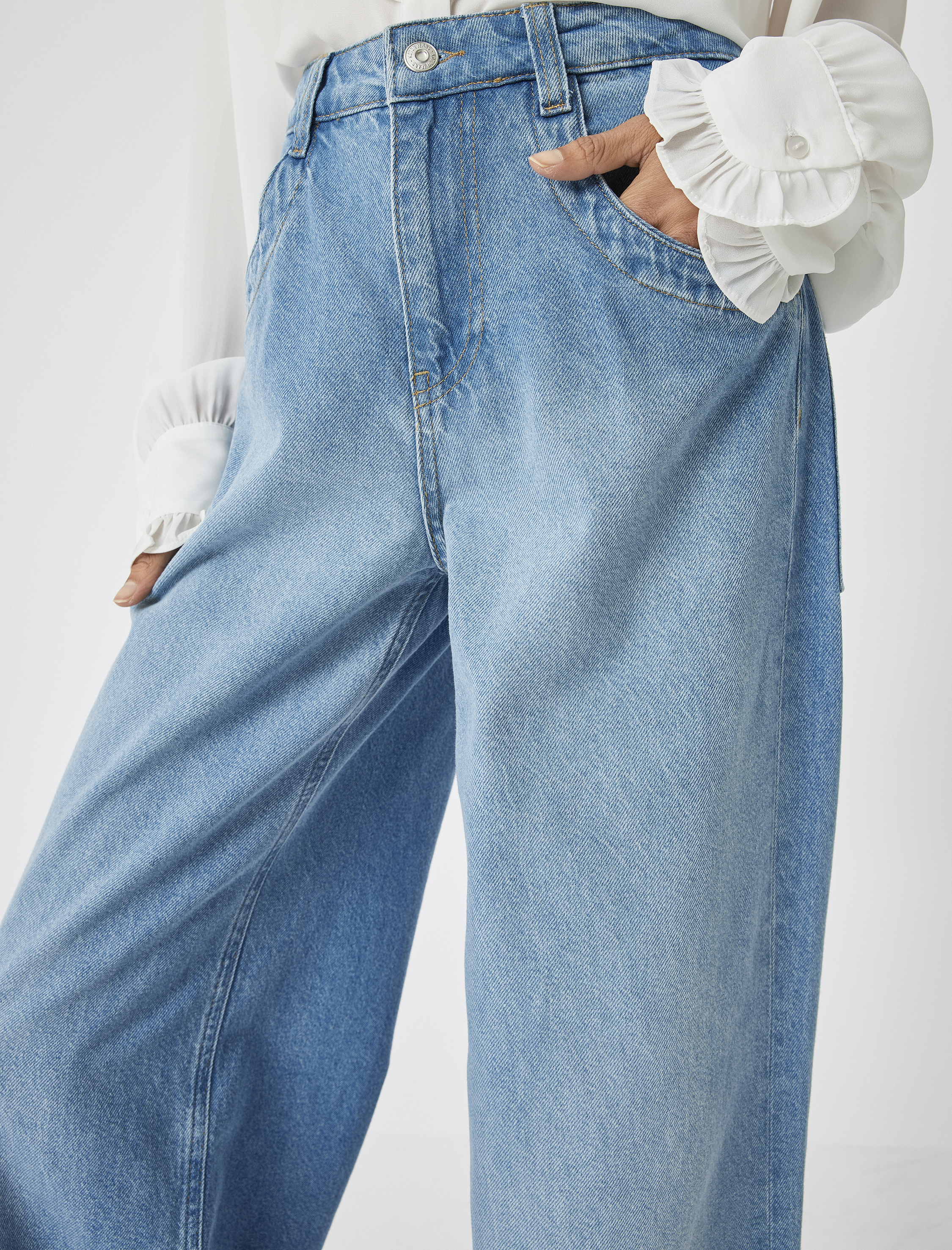 Bol Paça Kot Pantolon Normal Bel Düğmeli Pamuklu - Loose Straight Fit Jean