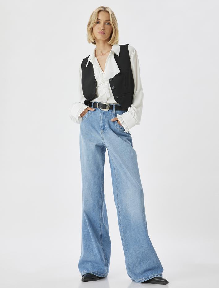  Bol Paça Kot Pantolon Normal Bel Düğmeli Pamuklu - Loose Straight Fit Jean