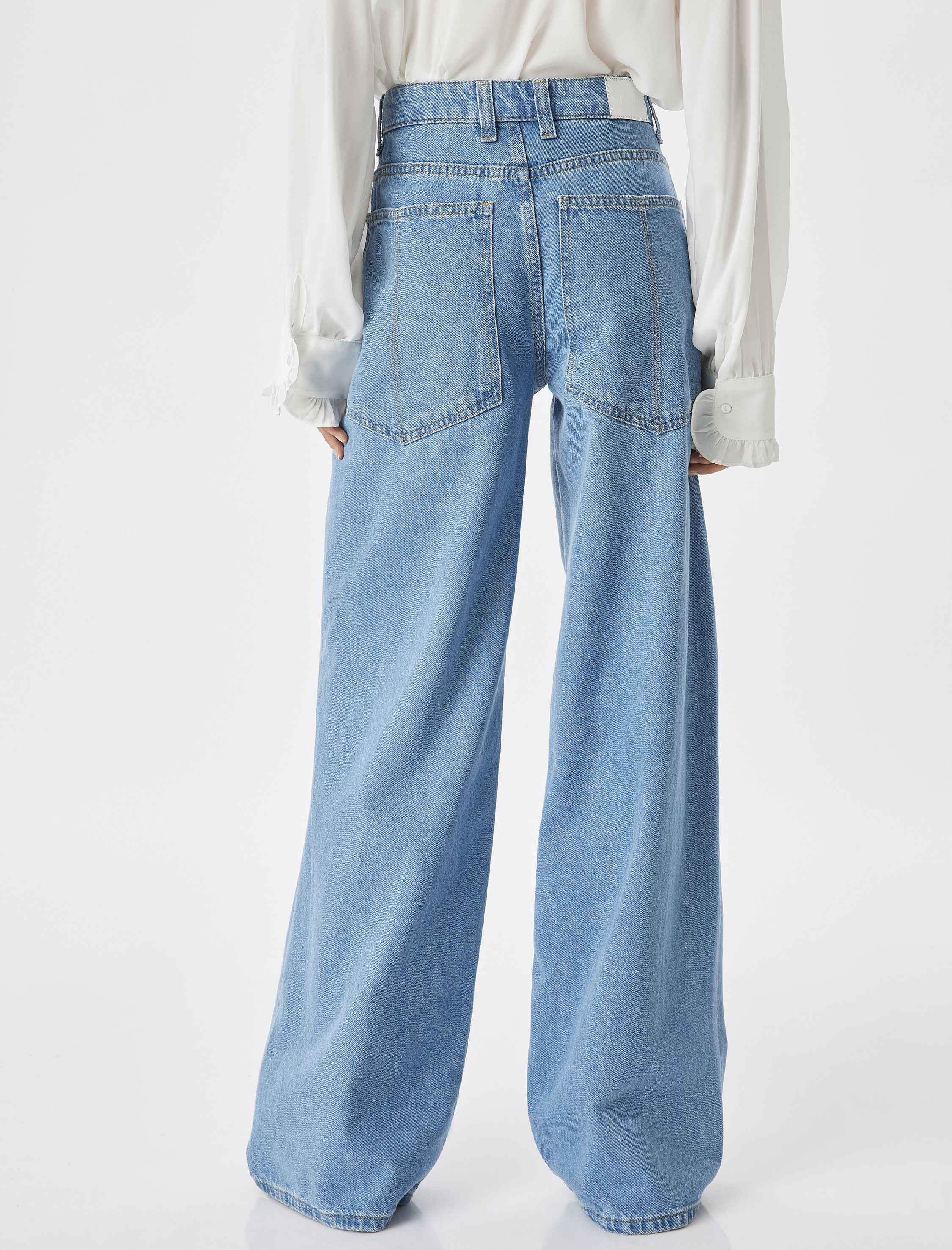 Bol Paça Kot Pantolon Normal Bel Düğmeli Pamuklu - Loose Straight Fit Jean