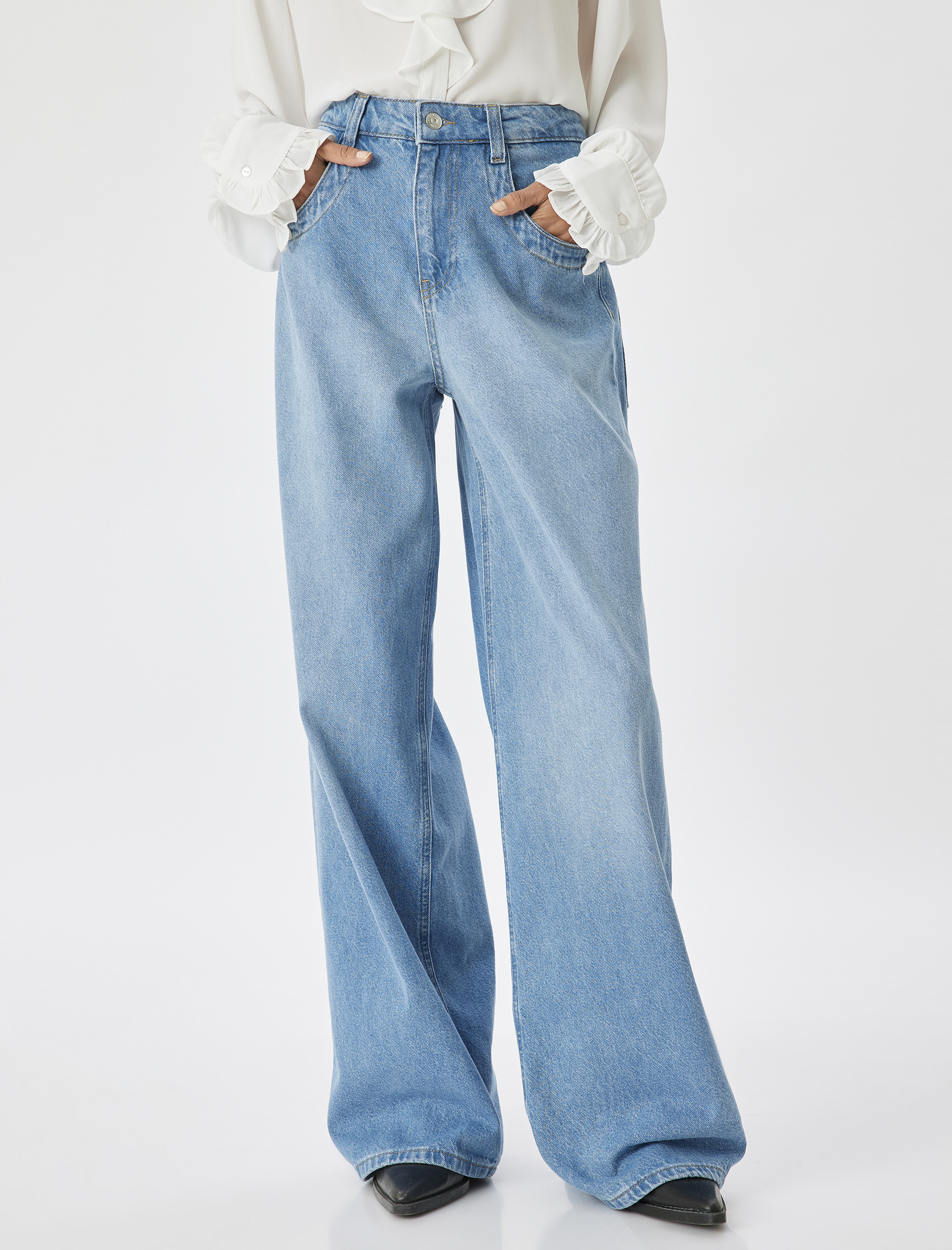 Bol Paça Kot Pantolon Normal Bel Düğmeli Pamuklu - Loose Straight Fit Jean