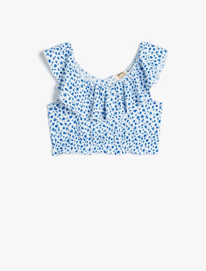Kız Çocuk Crop Bluz Düşük Omuz Fırfırlı Çiçek Desenli