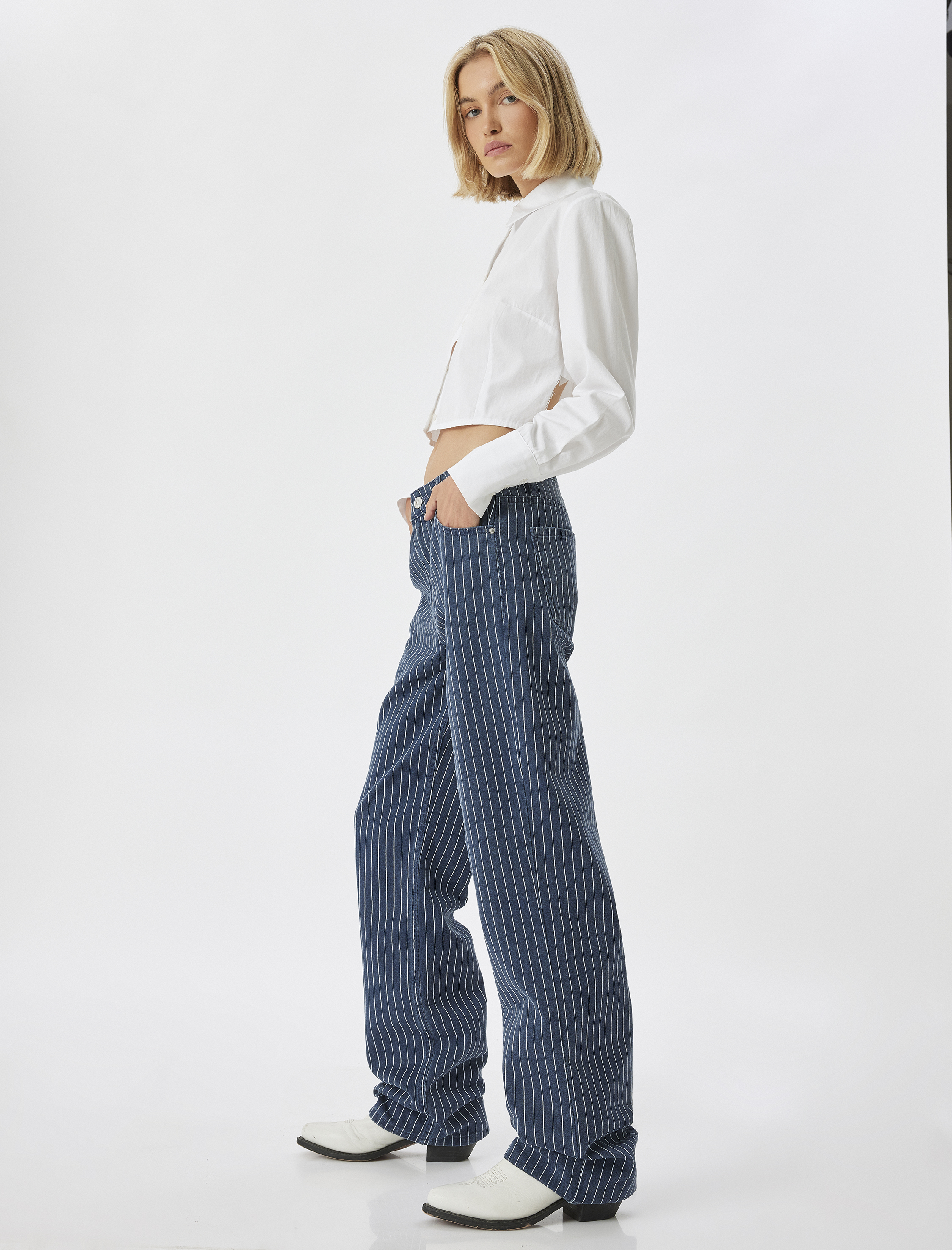   Çizgili Kot Pantolon Düğmeli Düz Paça Pamuklu - Longer Straight Jeans