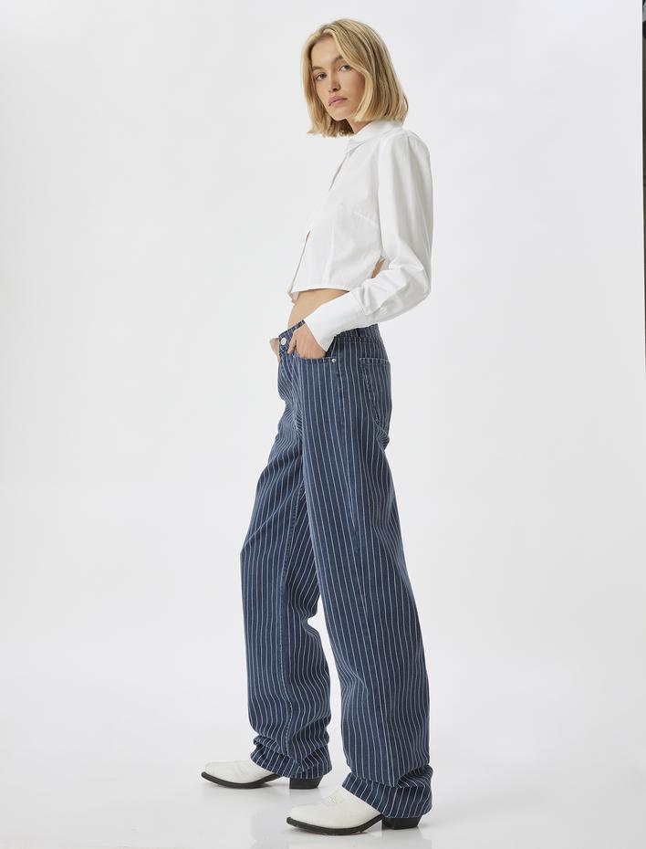  Çizgili Kot Pantolon Düğmeli Düz Paça Pamuklu - Longer Straight Jeans