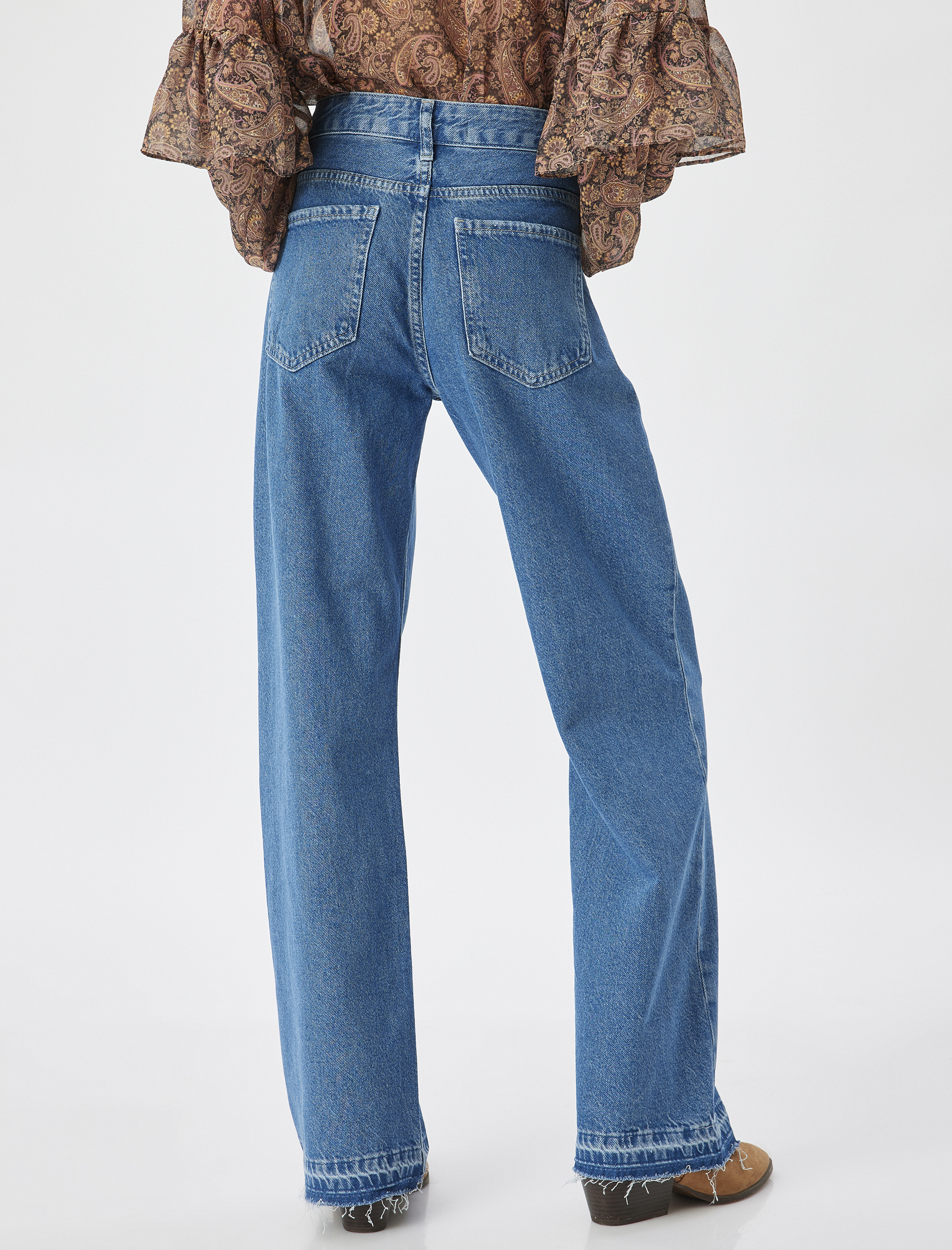   Düz Paça Çift Bel Detaylı Pamuklu Kot Pantolon - Straight Jean