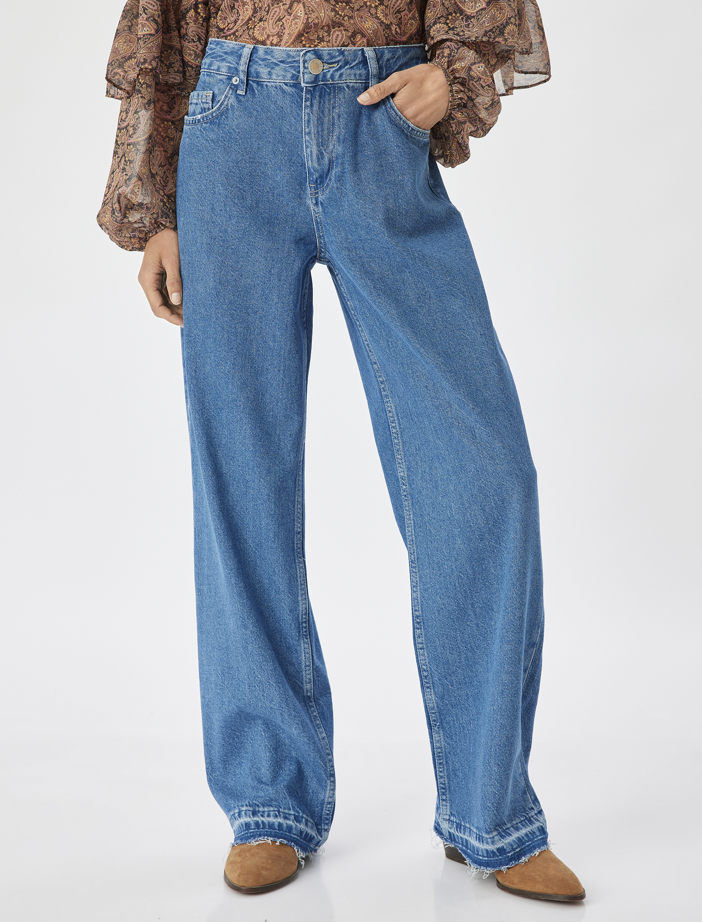   Düz Paça Çift Bel Detaylı Pamuklu Kot Pantolon - Straight Jean