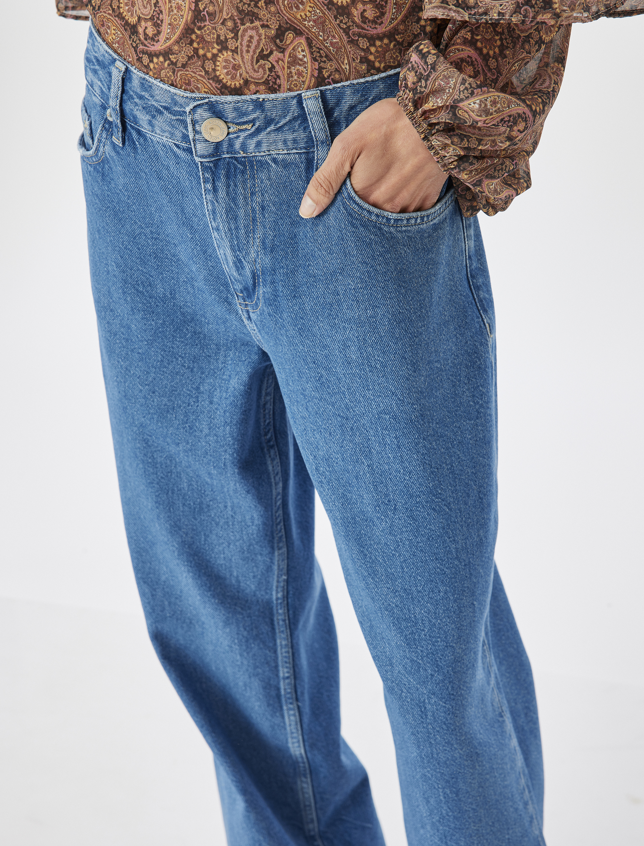   Düz Paça Çift Bel Detaylı Pamuklu Kot Pantolon - Straight Jean