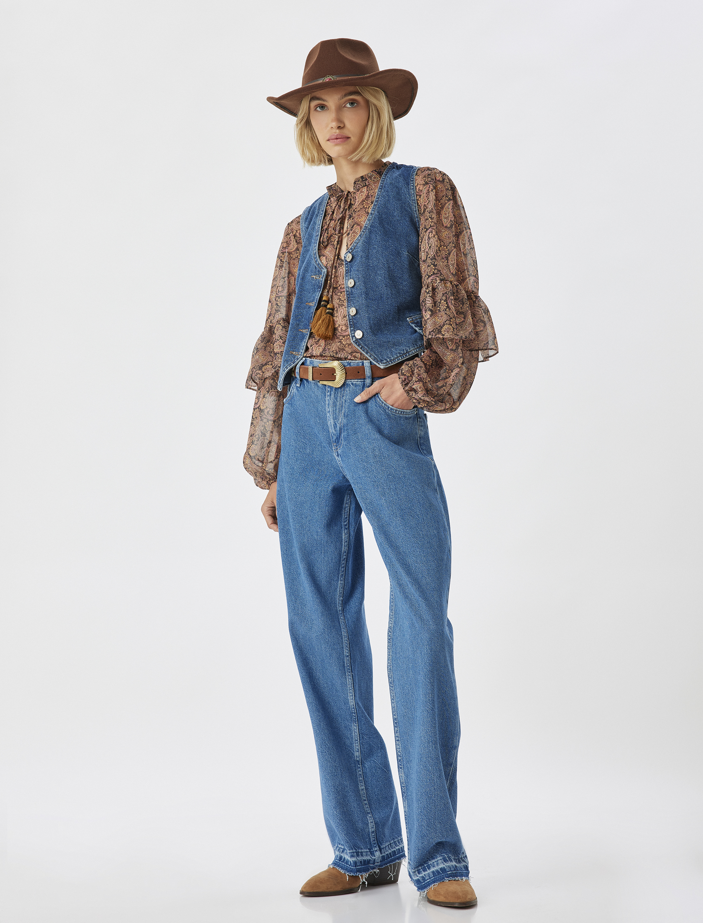   Düz Paça Çift Bel Detaylı Pamuklu Kot Pantolon - Straight Jean