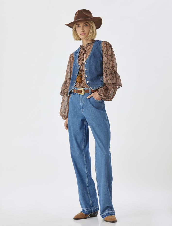  Düz Paça Çift Bel Detaylı Pamuklu Kot Pantolon - Straight Jean