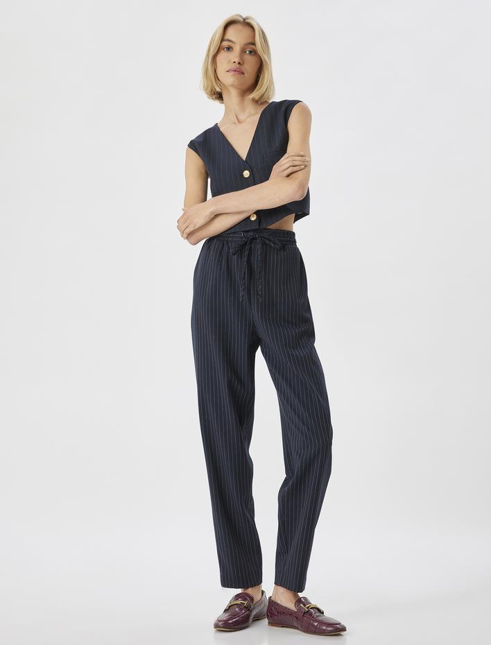  Cepli Beli Bağlamalı Çizgili Yüksek Bel Cigarette Pantolon