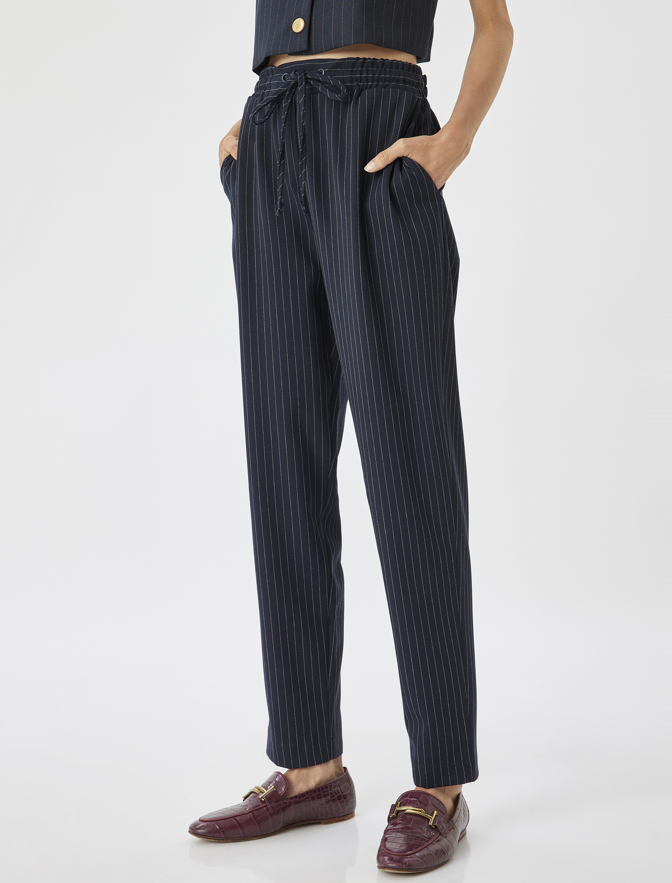   Cepli Beli Bağlamalı Çizgili Yüksek Bel Cigarette Pantolon