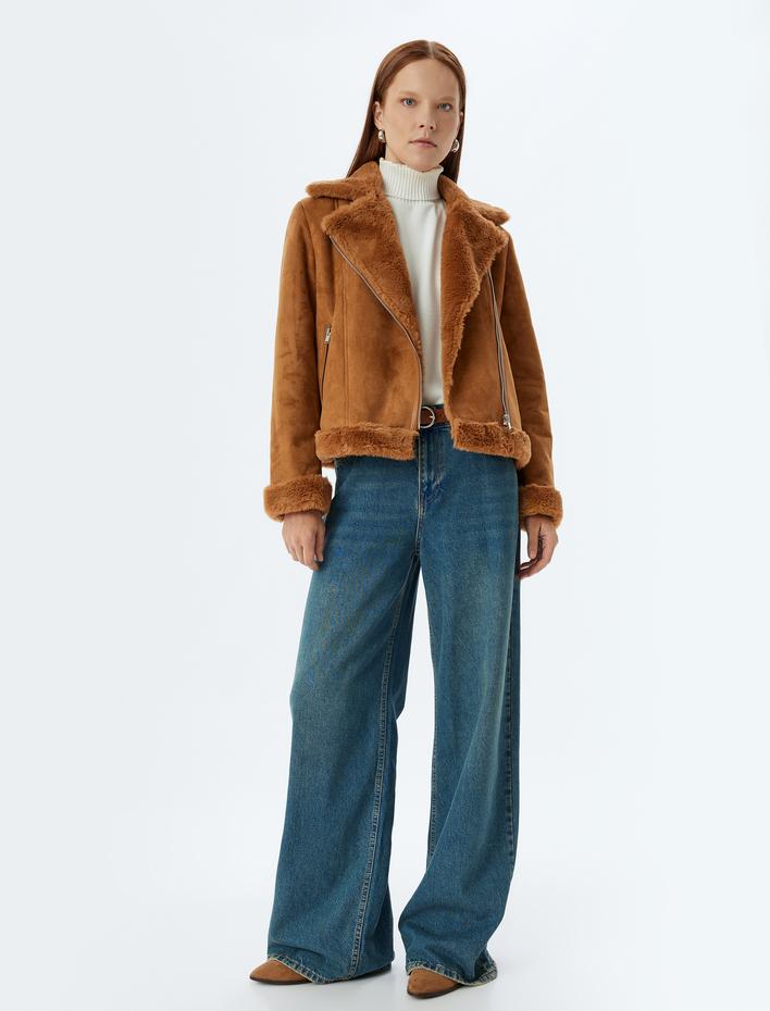  Suni Süet Biker Ceket Peluş Peluş Astarlı Fermuarlı