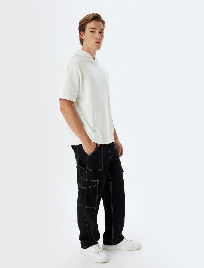  Oversize Tişört Kapşonlu Kısa Kollu Kanguru Cep Detaylı Pamuk Karışımlı