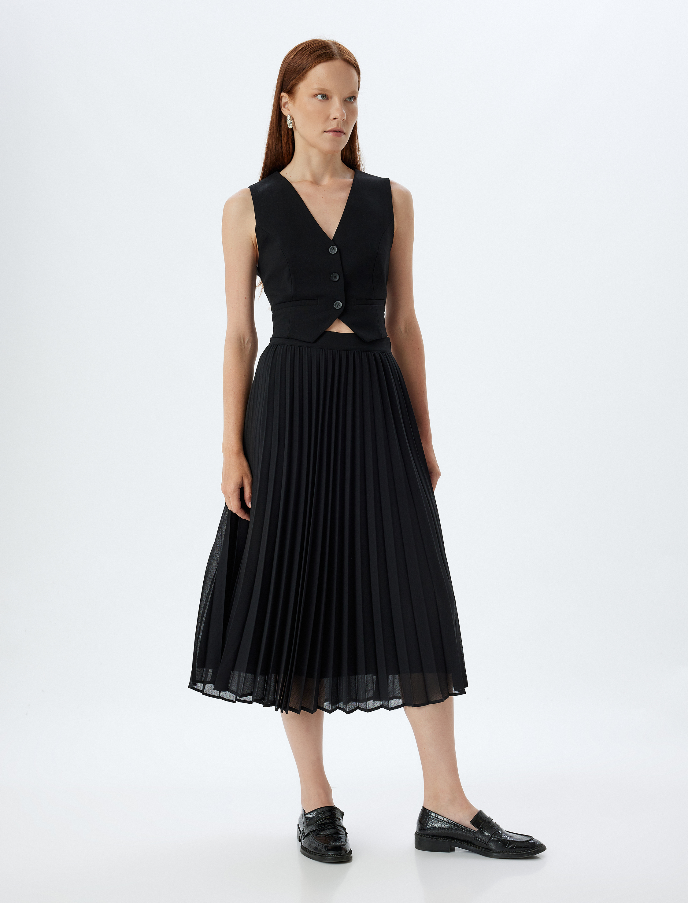   Yüksek Bel Midi Pileli Etek